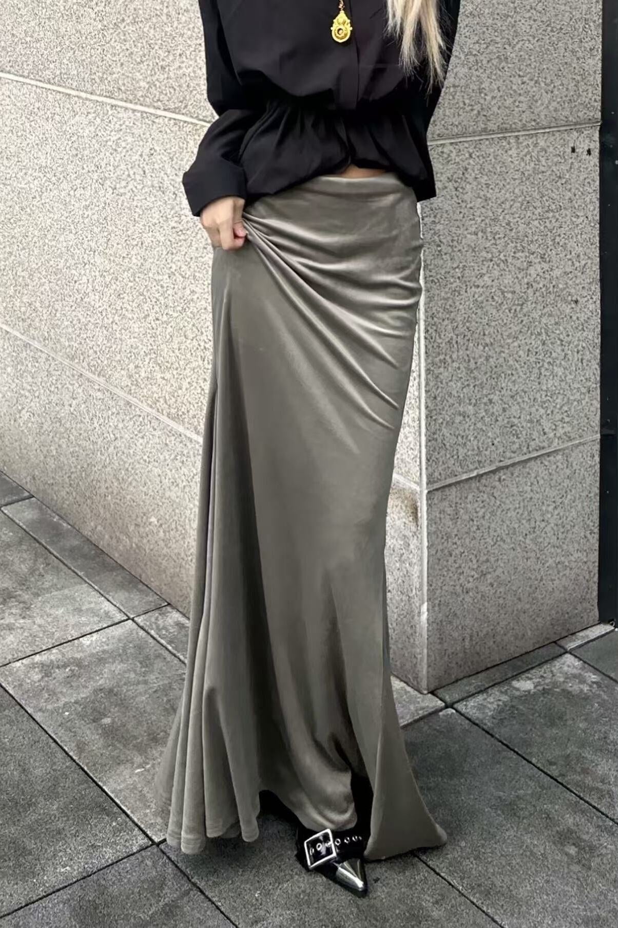 ANTIMOON_Gray_Green_High_Waist_Stretch_Velvet_Flocking_Women's_Mermaid_Skirts_850278666744_MISSTT