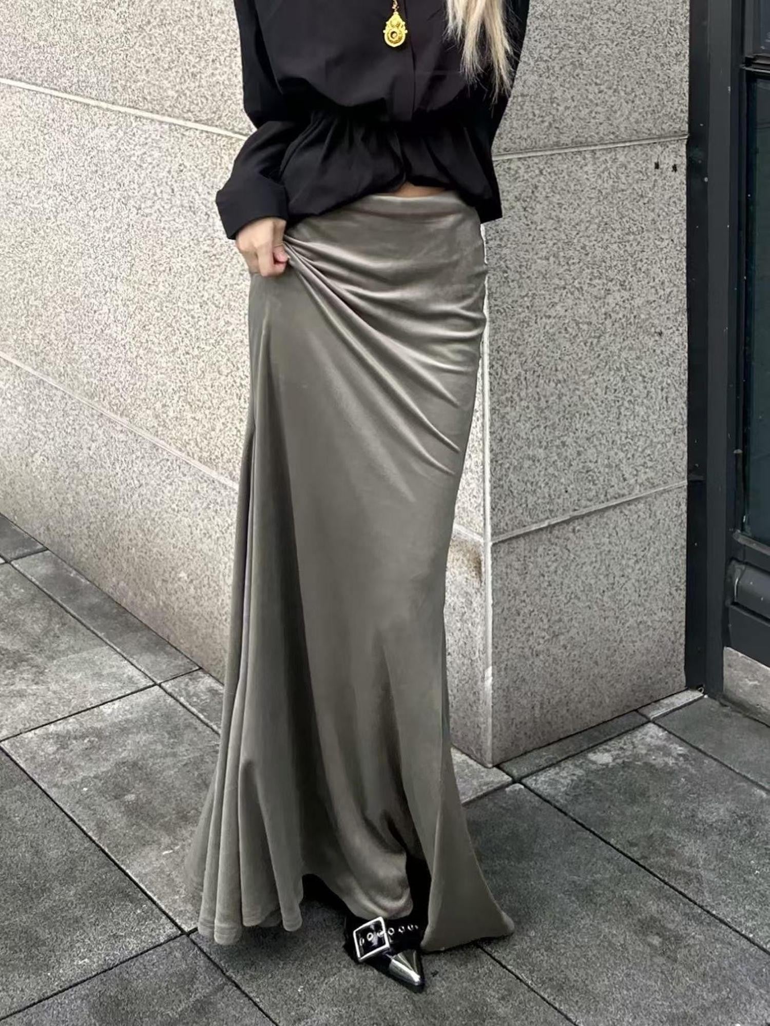ANTIMOON Gray Green High Waist Stretch Velvet Flocking Women's Mermaid Skirts