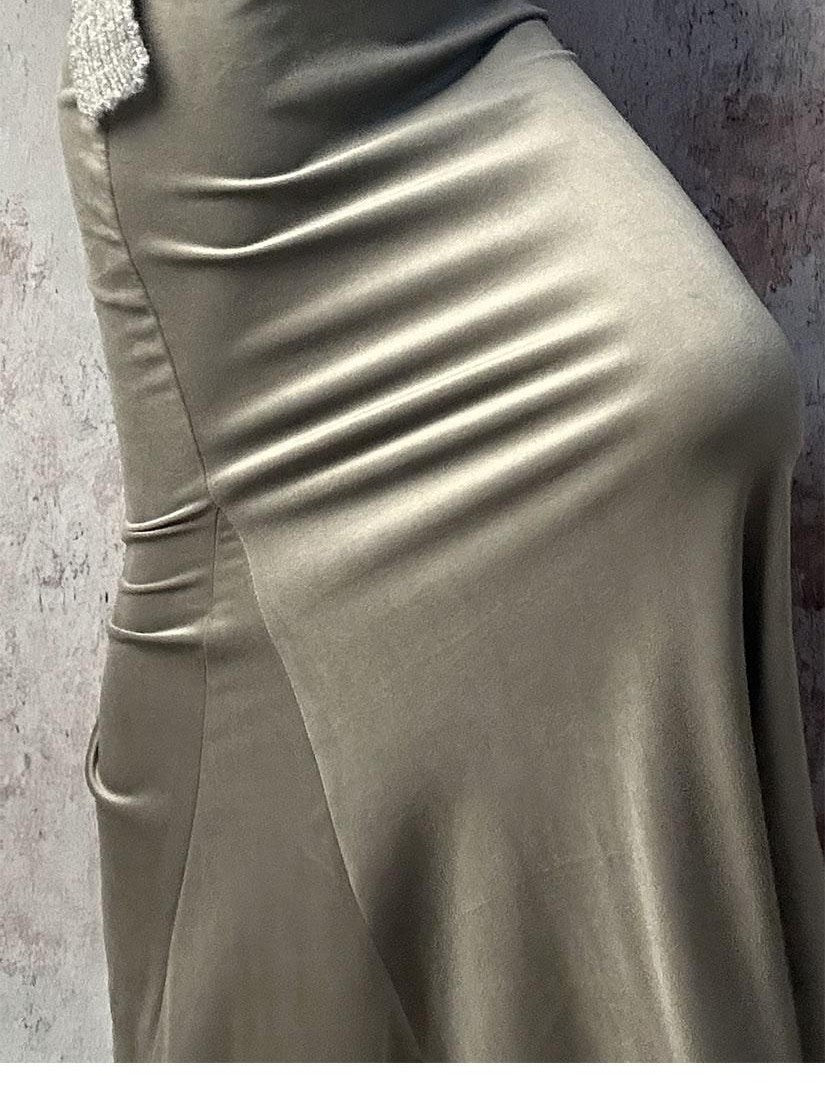 ANTIMOON Gray Green High Waist Stretch Velvet Flocking Women's Mermaid Skirts