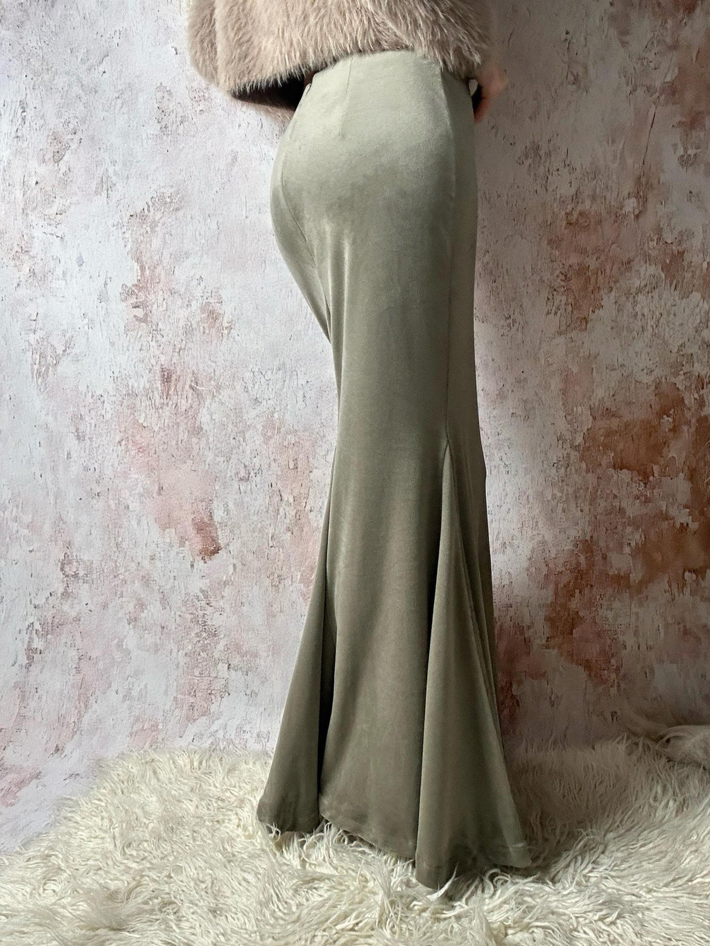 ANTIMOON Gray Green High Waist Stretch Velvet Flocking Women's Mermaid Skirts
