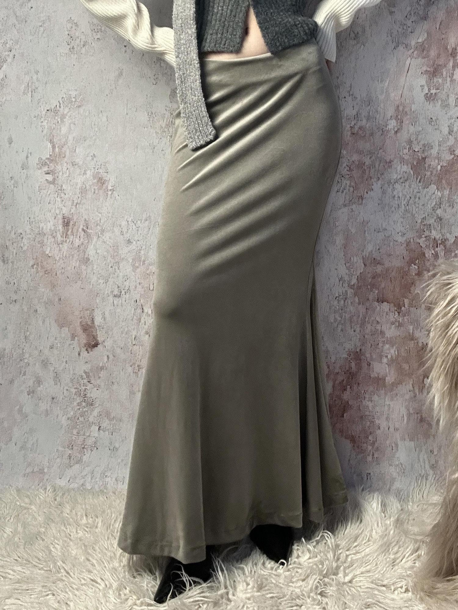 ANTIMOON Gray Green High Waist Stretch Velvet Flocking Women's Mermaid Skirts