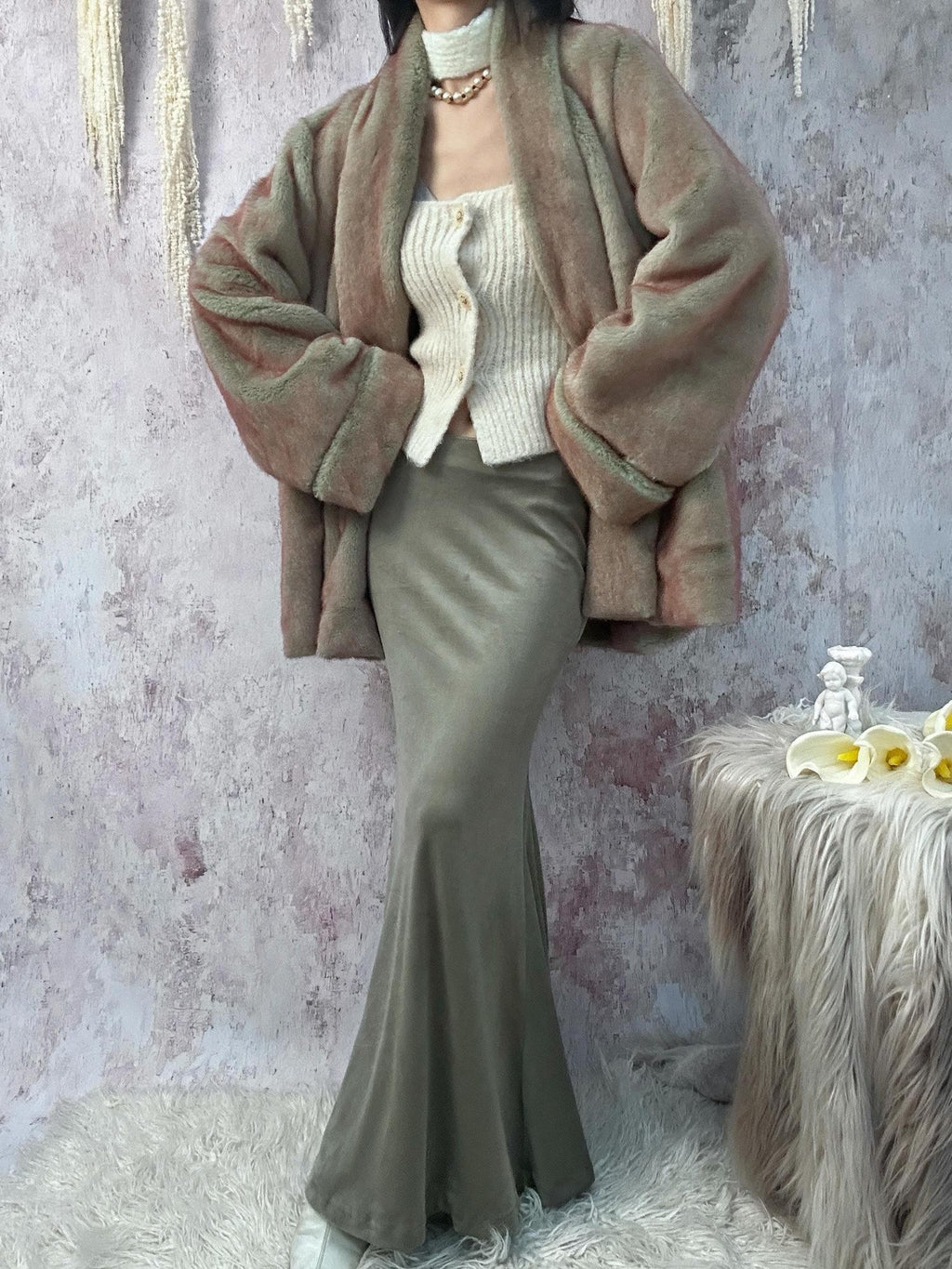 ANTIMOON Gray Green High Waist Stretch Velvet Flocking Women's Mermaid Skirts