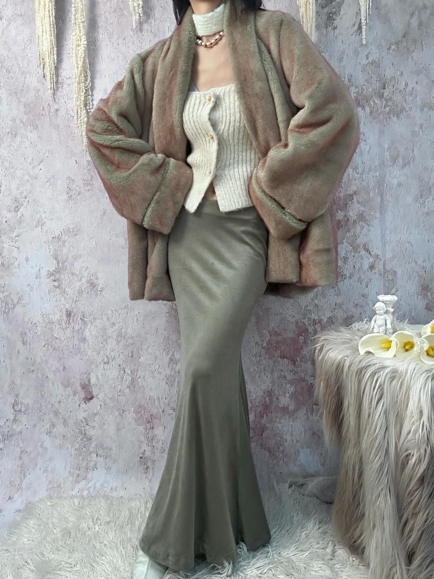 ANTIMOON Gray Green High Waist Stretch Velvet Flocking Women's Mermaid Skirts