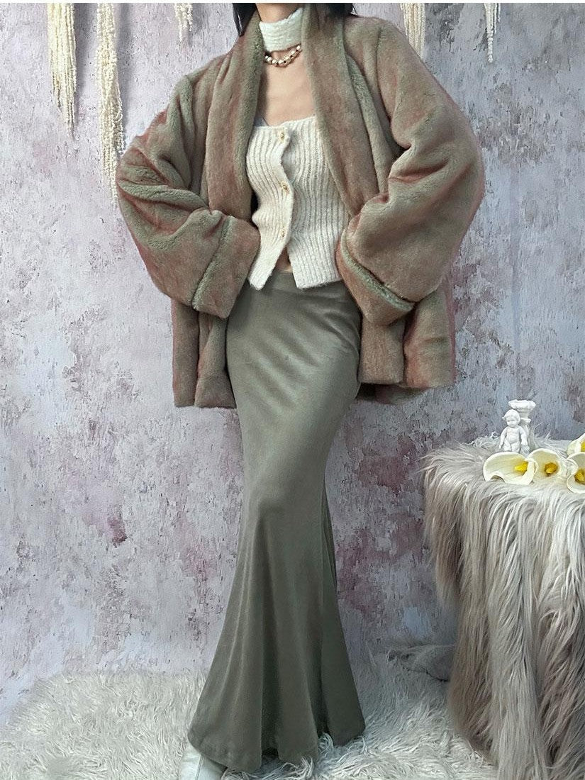ANTIMOON Gray Green High Waist Stretch Velvet Flocking Women's Mermaid Skirts