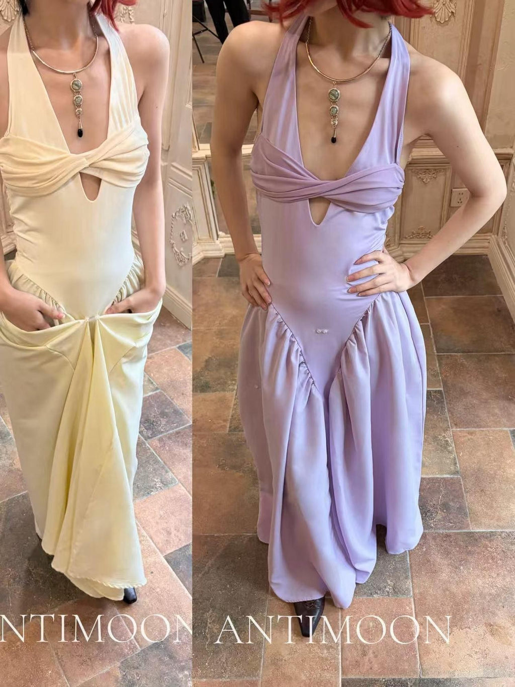 ANTIMOON Grecian Bustier V-neck Women's Polyester Halter Maxi Dresses