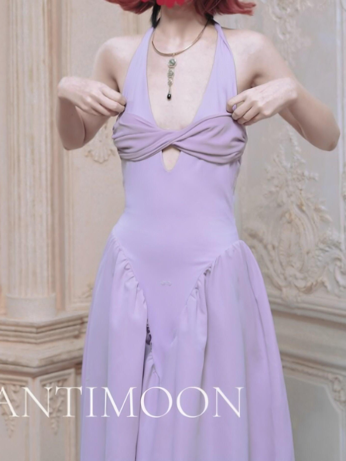 ANTIMOON Grecian Bustier V-neck Women's Polyester Halter Maxi Dresses