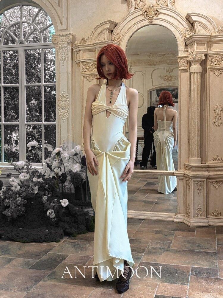 ANTIMOON Grecian Bustier V-neck Women's Polyester Halter Maxi Dresses