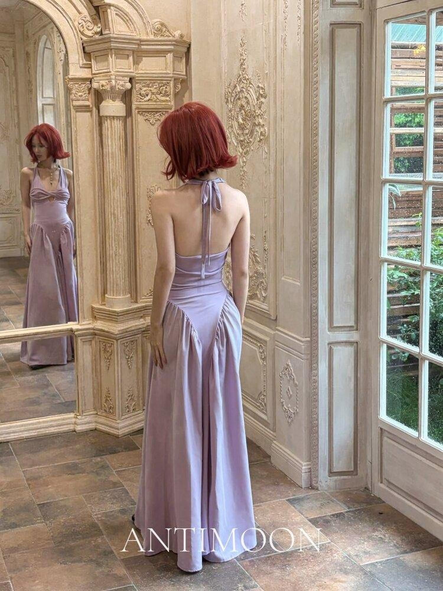ANTIMOON Grecian Bustier V-neck Women's Polyester Halter Maxi Dresses
