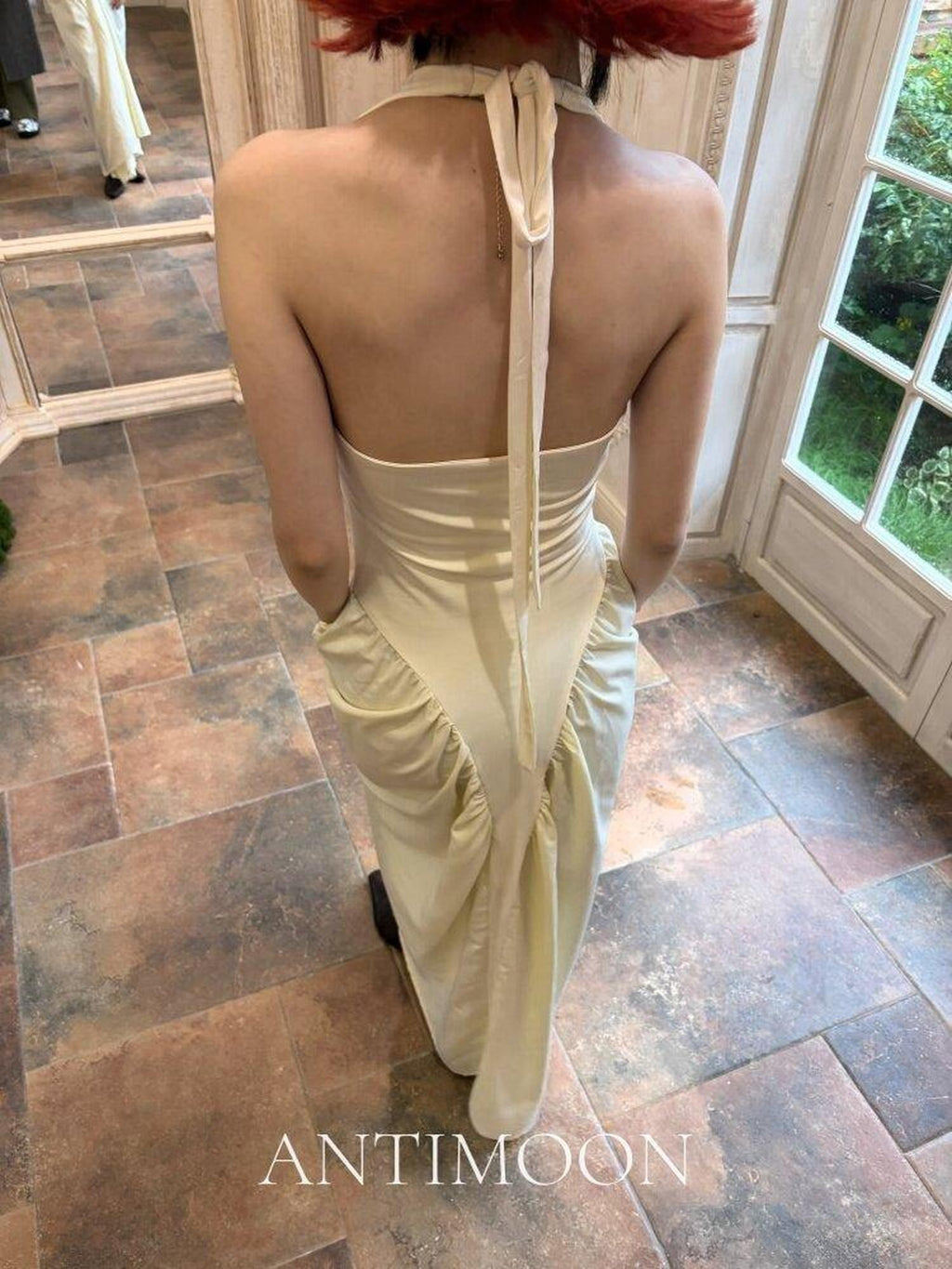 ANTIMOON Grecian Bustier V-neck Women's Polyester Halter Maxi Dresses