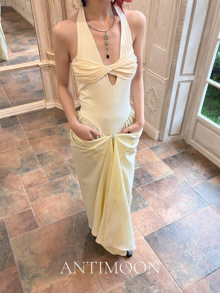 ANTIMOON Grecian Bustier V-neck Women's Polyester Halter Maxi Dresses