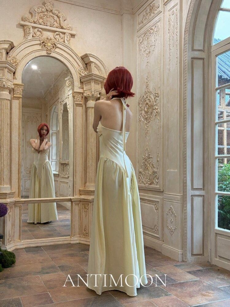 ANTIMOON Grecian Bustier V-neck Women's Polyester Halter Maxi Dresses