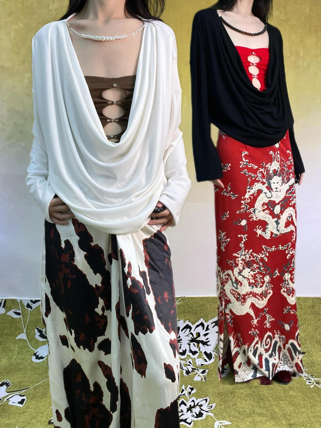 ANTIMOON Greek Statue Print Draped Neckline Pleated Loose Women's Long Sleeve T-shirts