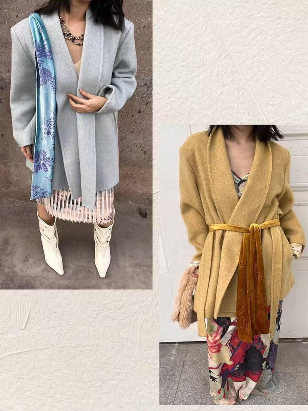 ANTIMOON Handmade Doubleface Tie Waist Embossed Padded Shoulders Women's Wool Long Coats