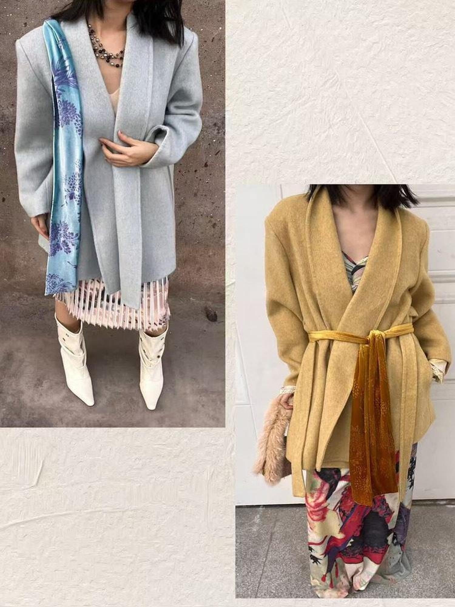 ANTIMOON Handmade Doubleface Tie Waist Embossed Padded Shoulders Women's Wool Long Coats