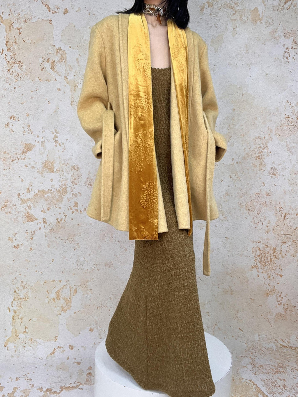 ANTIMOON Handmade Doubleface Tie Waist Embossed Padded Shoulders Women's Wool Long Coats