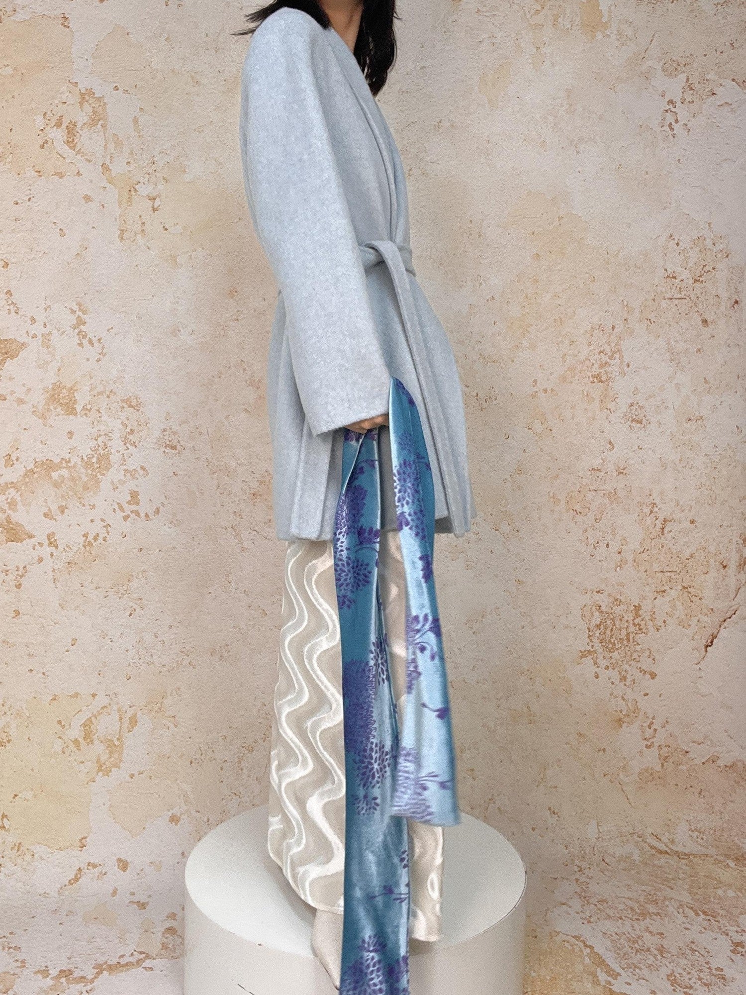 ANTIMOON Handmade Doubleface Tie Waist Embossed Padded Shoulders Women's Wool Long Coats