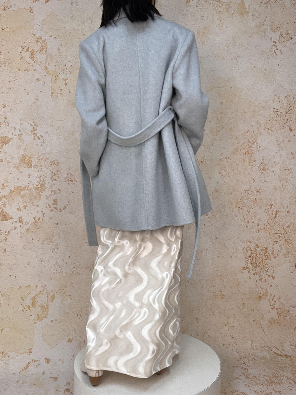 ANTIMOON Handmade Doubleface Tie Waist Embossed Padded Shoulders Women's Wool Long Coats