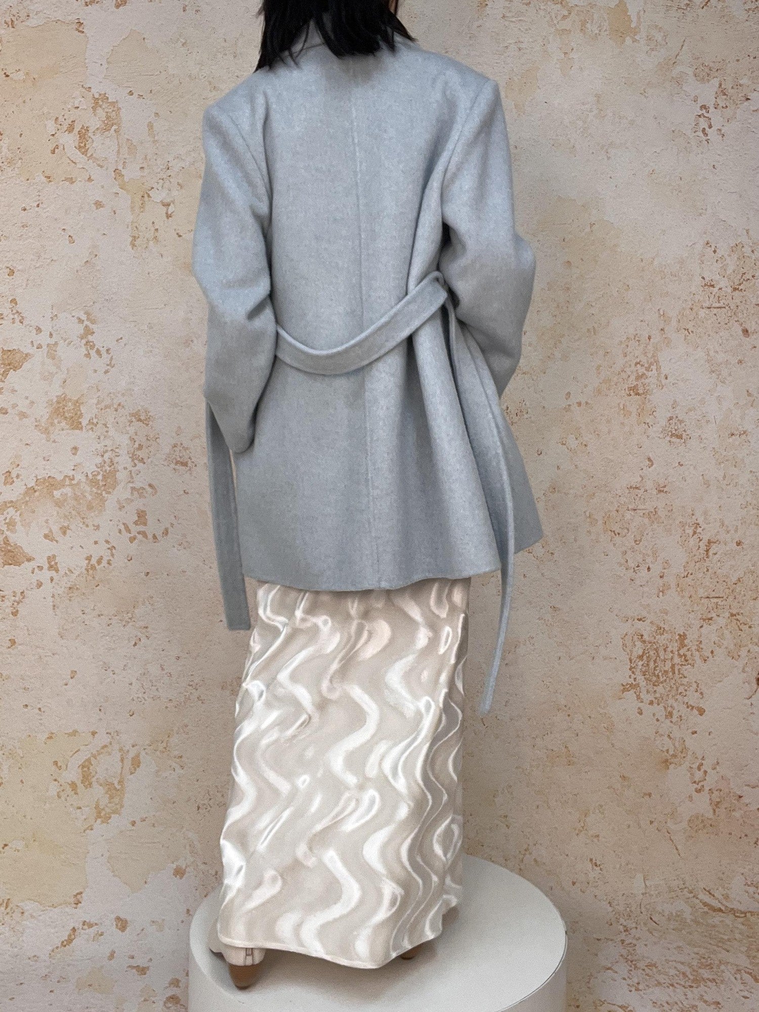 ANTIMOON Handmade Doubleface Tie Waist Embossed Padded Shoulders Women's Wool Long Coats