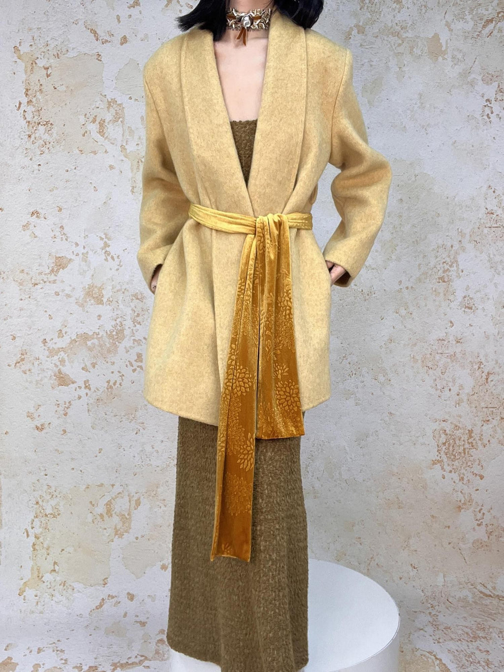 ANTIMOON Handmade Doubleface Tie Waist Embossed Padded Shoulders Women's Wool Long Coats