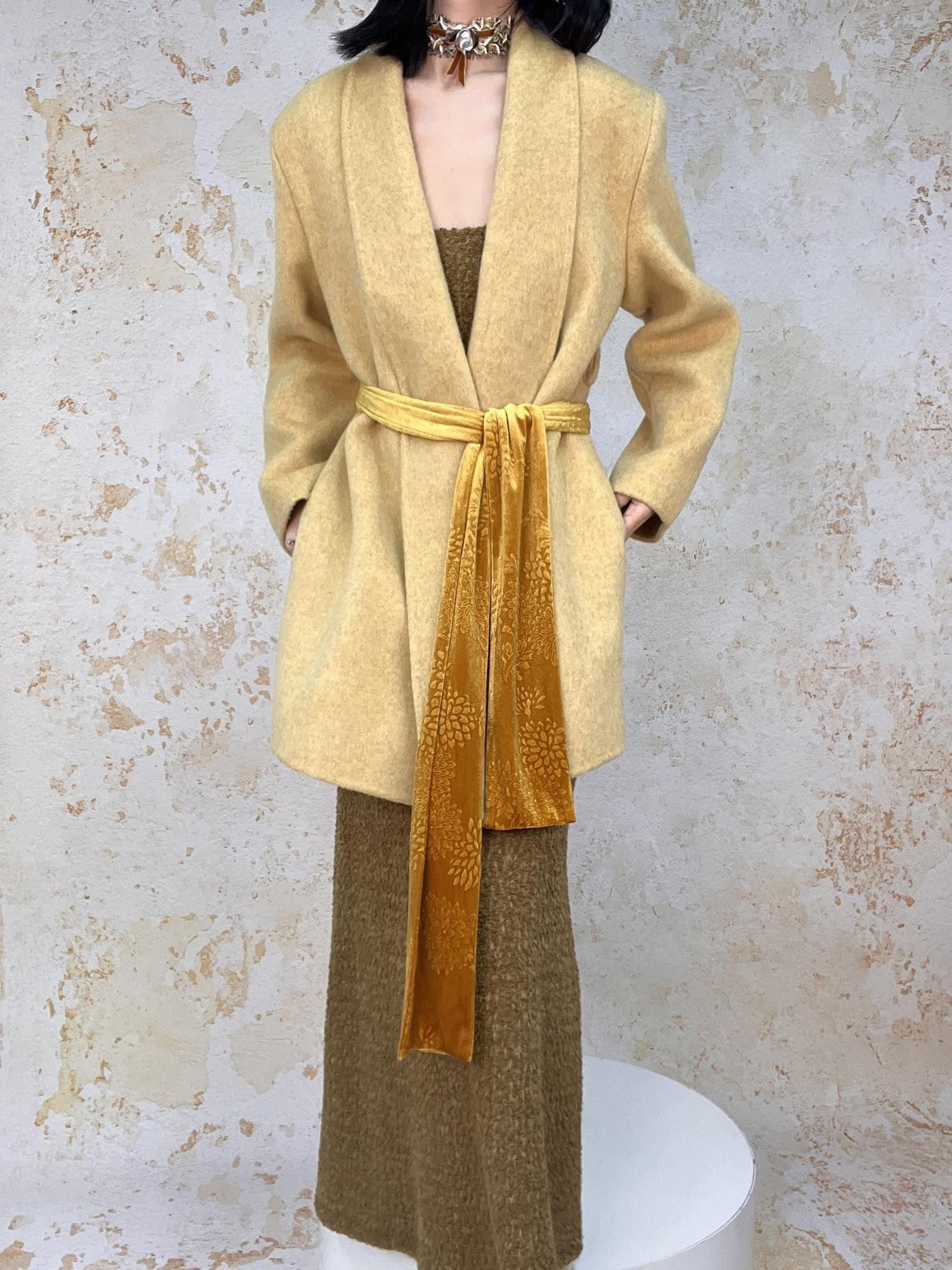 ANTIMOON Handmade Doubleface Tie Waist Embossed Padded Shoulders Women's Wool Long Coats