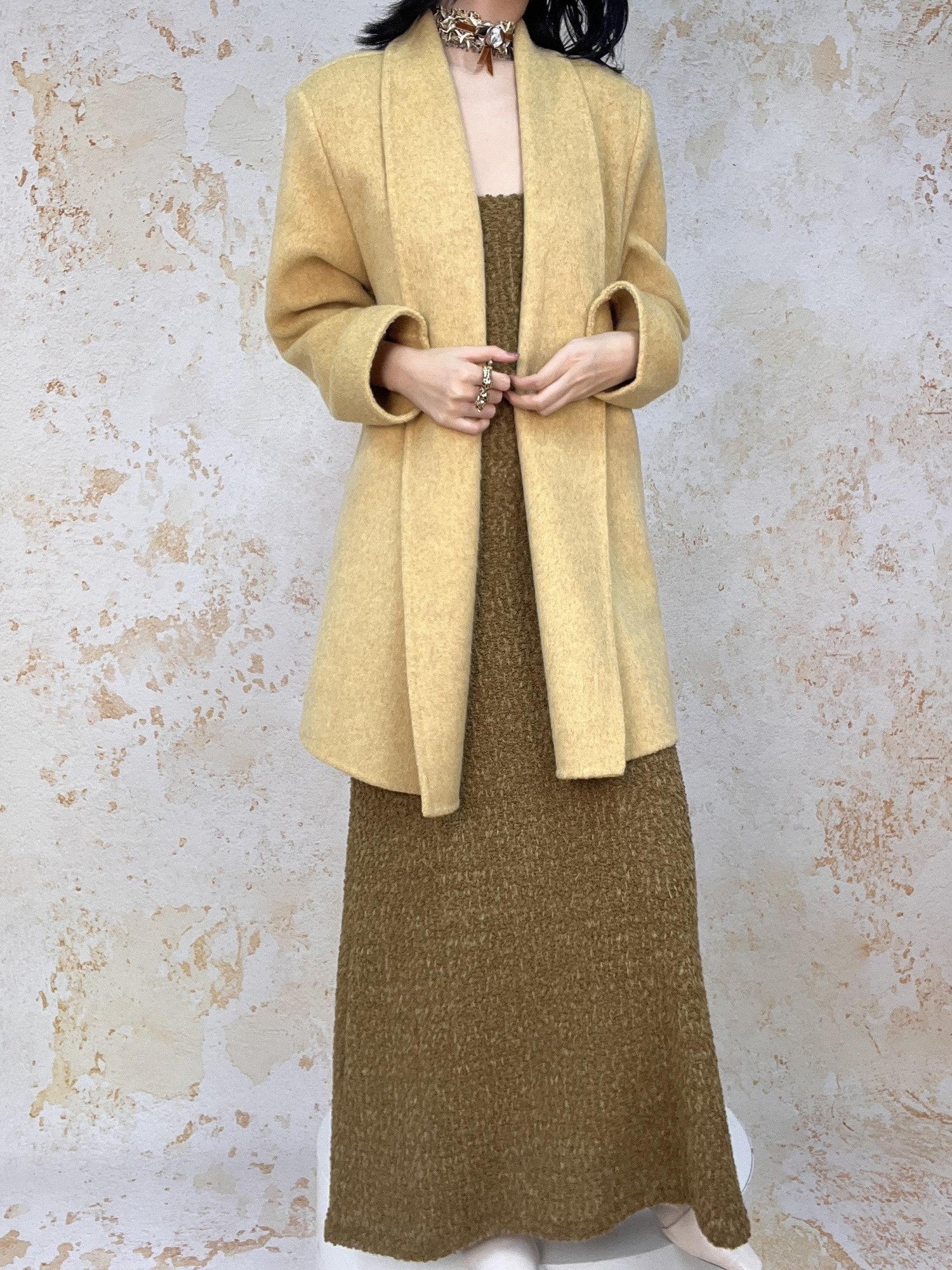 ANTIMOON Handmade Doubleface Tie Waist Embossed Padded Shoulders Women's Wool Long Coats