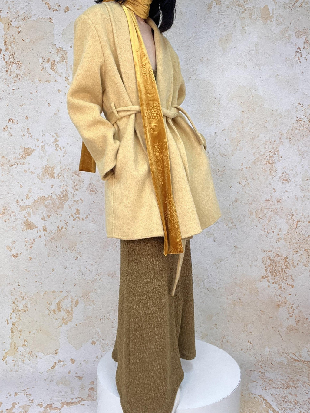 ANTIMOON Handmade Doubleface Tie Waist Embossed Padded Shoulders Women's Wool Long Coats