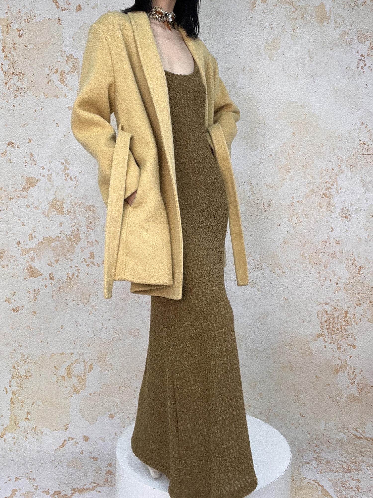 ANTIMOON Handmade Doubleface Tie Waist Embossed Padded Shoulders Women's Wool Long Coats