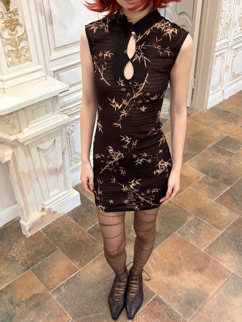 ANTIMOON_Ink_Bamboo_Print_Knit_Breathable_Sleeveless_Mini_Women's_Cheongsam_Dresses_1047346854763_MISSTT