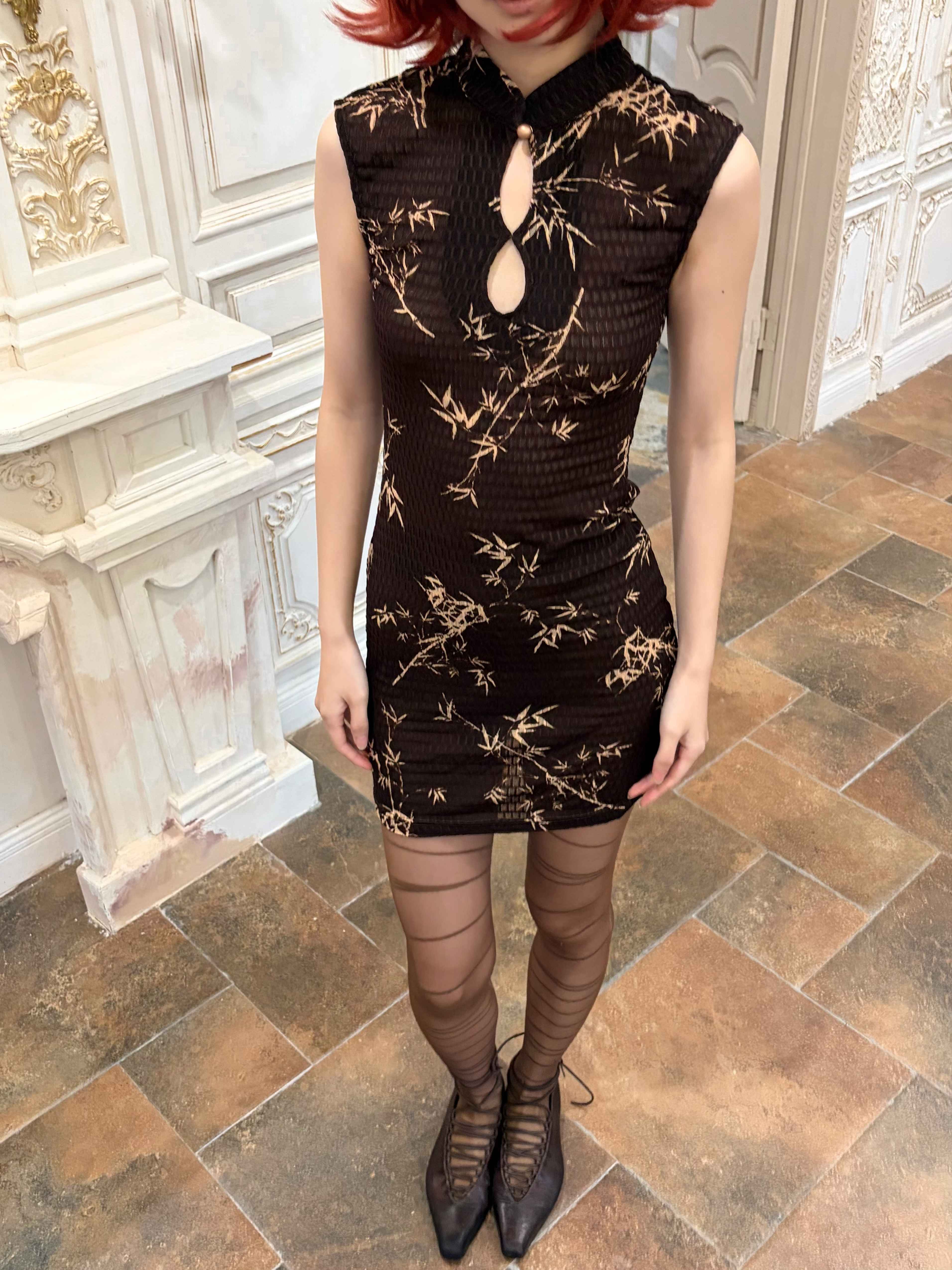 ANTIMOON_Ink_Bamboo_Print_Knit_Breathable_Sleeveless_Mini_Women's_Cheongsam_Dresses_1047346854763_MISSTT