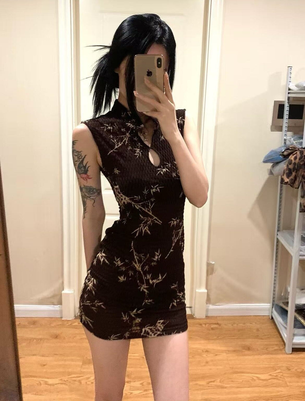 ANTIMOON_Ink_Bamboo_Print_Knit_Breathable_Sleeveless_Mini_Women's_Cheongsam_Dresses_1047346854763_MISSTT