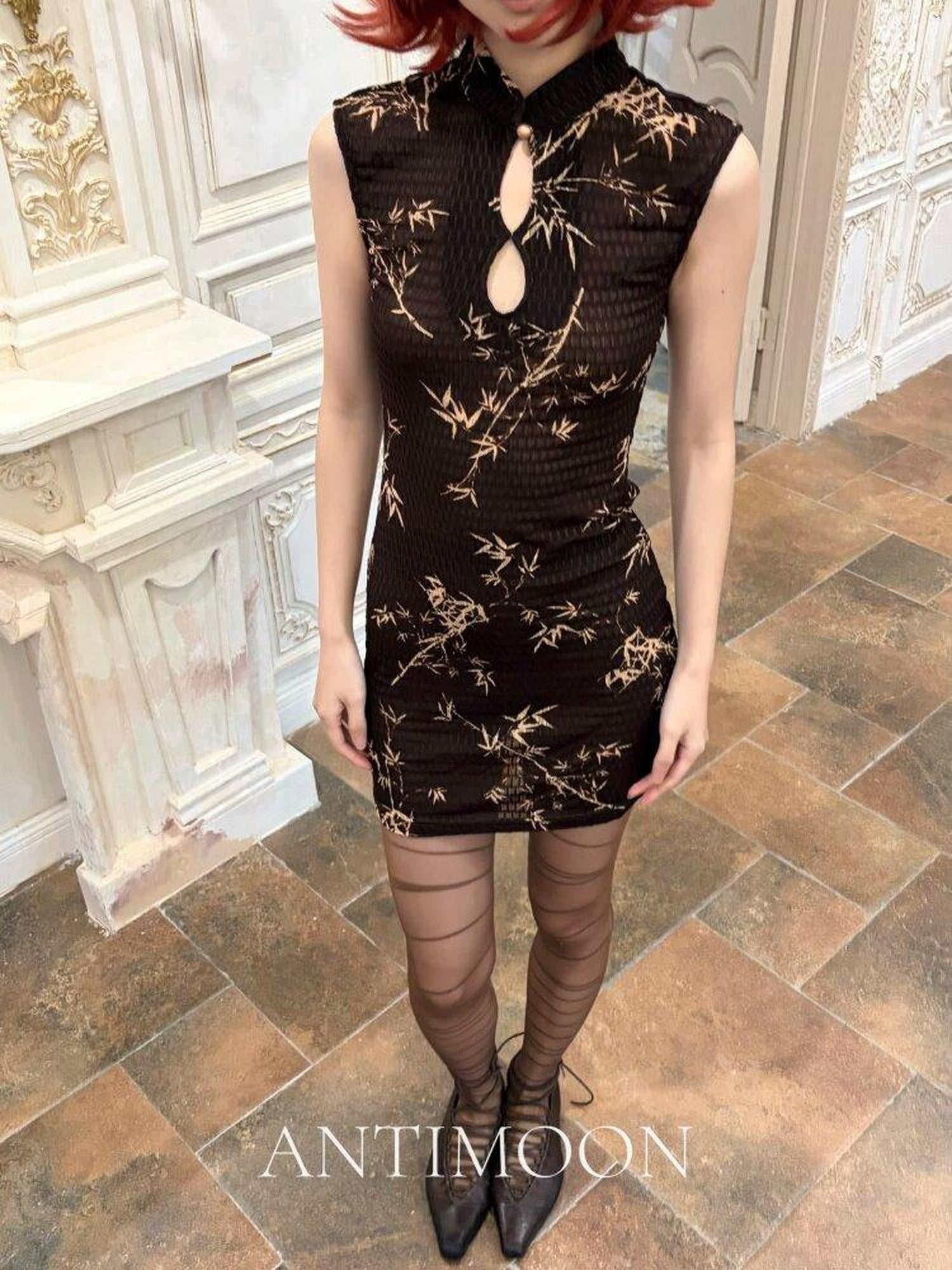 ANTIMOON Ink Bamboo Print Knit Breathable Sleeveless Mini Women's Cheongsam Dresses