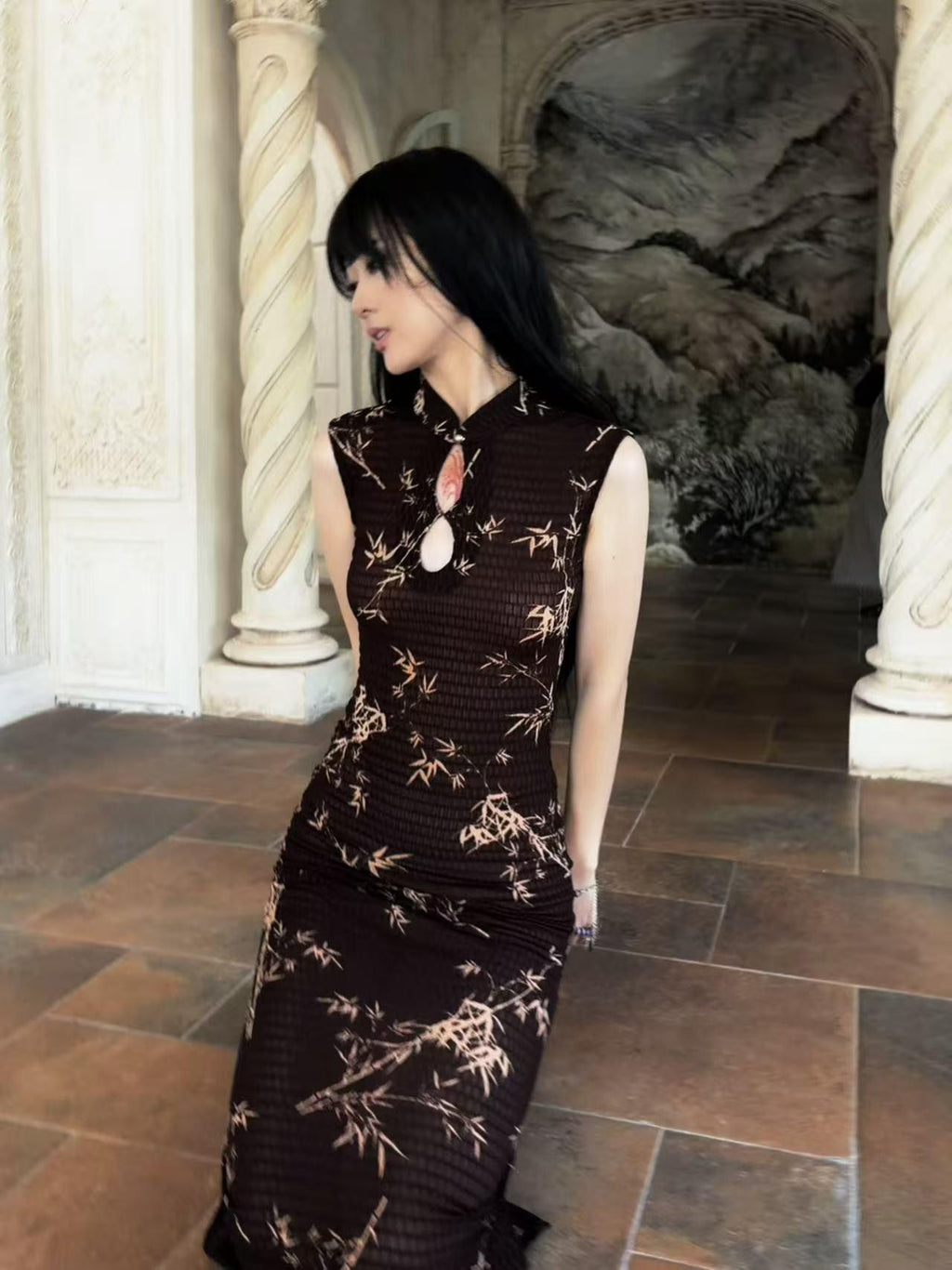 ANTIMOON Ink Bamboo Print Knit Breathable Sleeveless Mini Women's Cheongsam Dresses