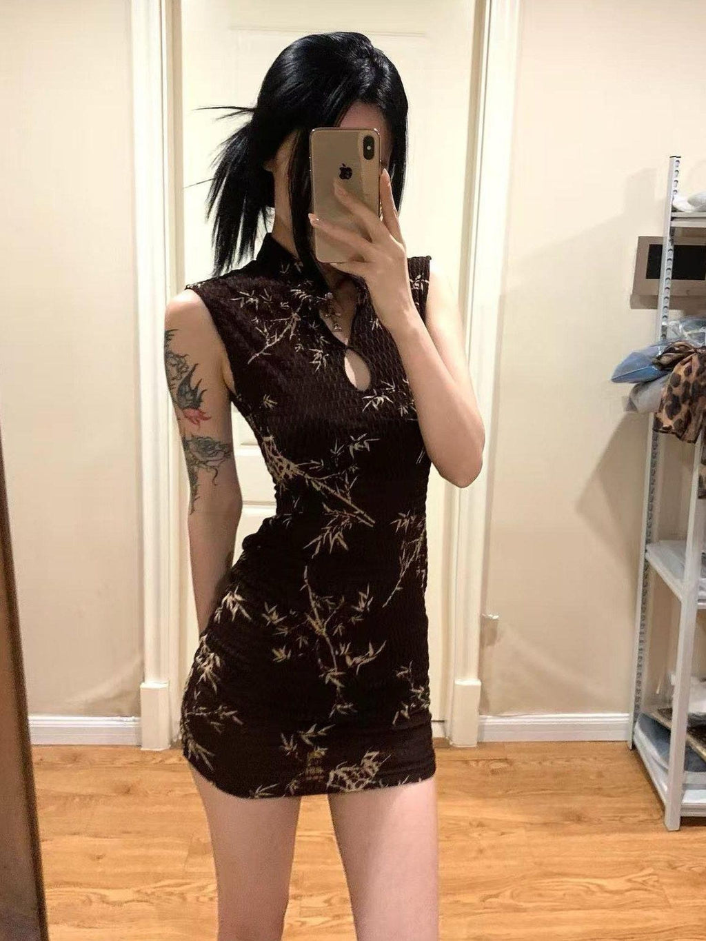 ANTIMOON Ink Bamboo Print Knit Breathable Sleeveless Mini Women's Cheongsam Dresses