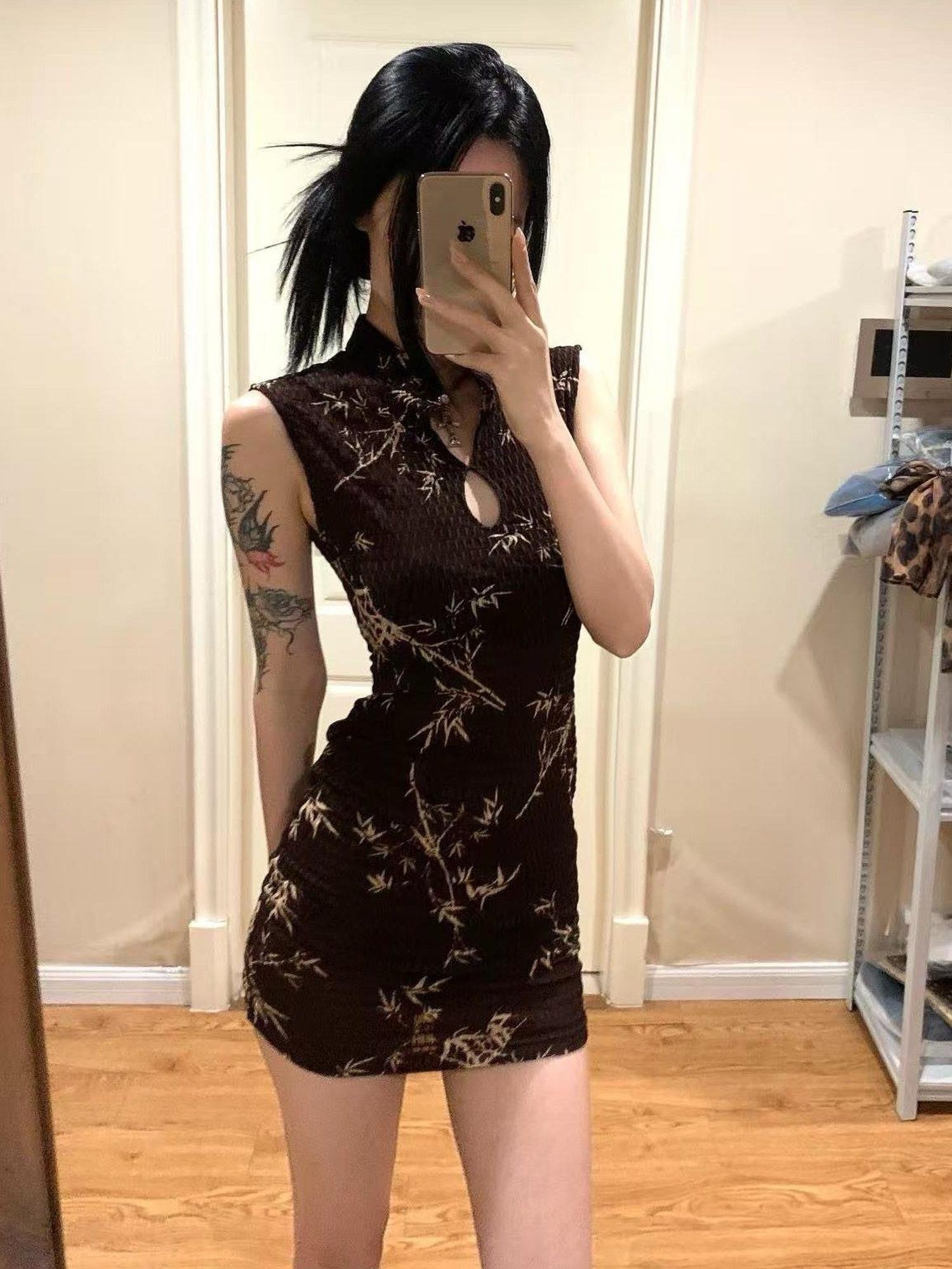 ANTIMOON Ink Bamboo Print Knit Breathable Sleeveless Mini Women's Cheongsam Dresses