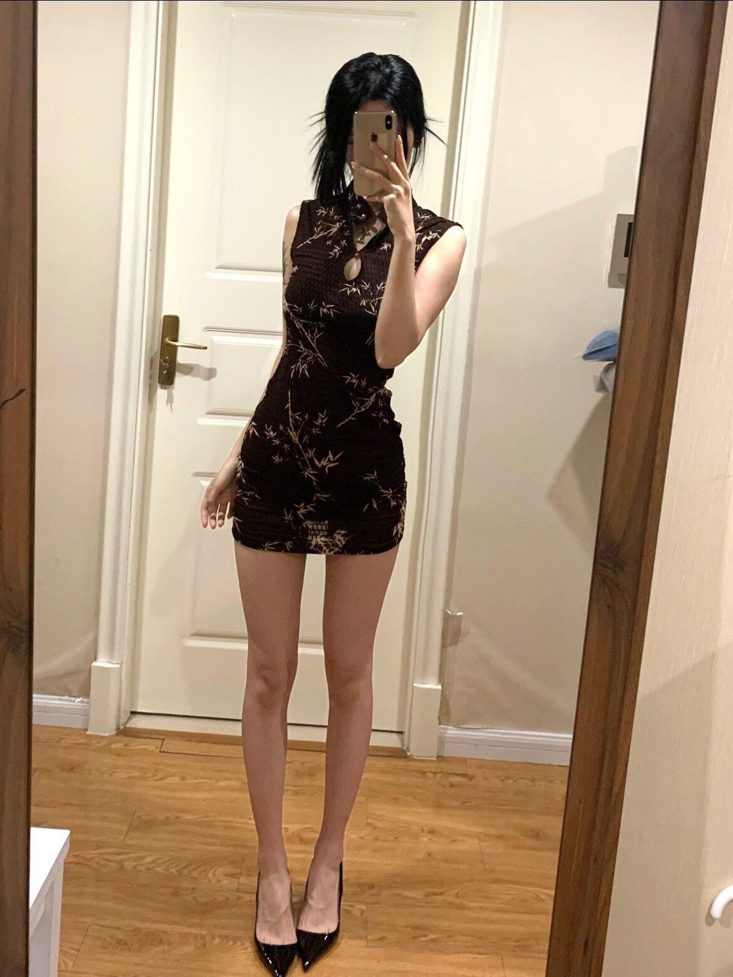ANTIMOON Ink Bamboo Print Knit Breathable Sleeveless Mini Women's Cheongsam Dresses