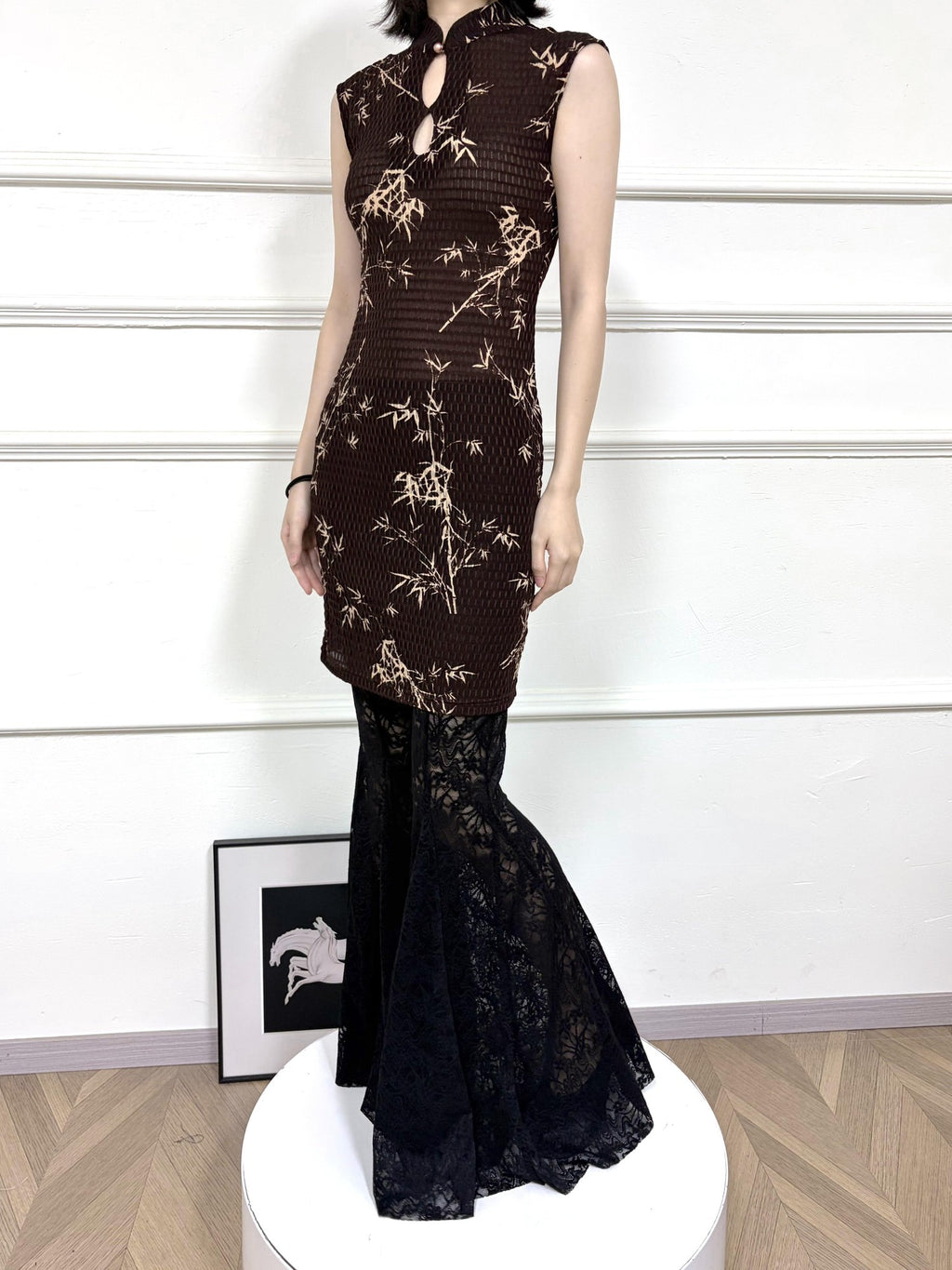 ANTIMOON Ink Bamboo Print Knit Breathable Sleeveless Mini Women's Cheongsam Dresses