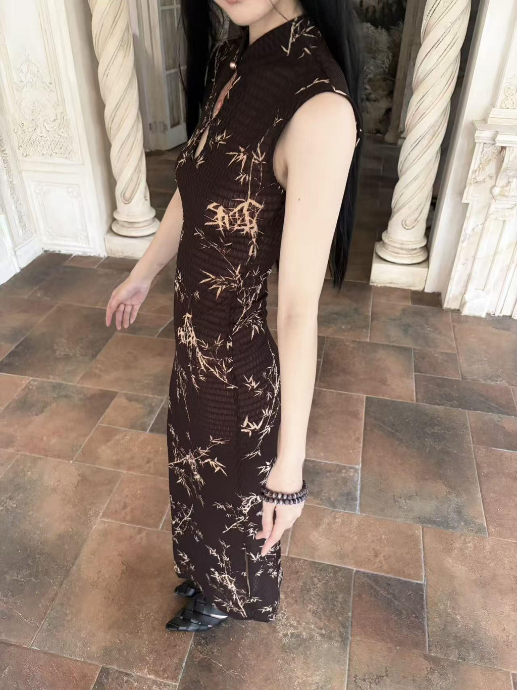 ANTIMOON Ink Bamboo Print Knit Breathable Sleeveless Mini Women's Cheongsam Dresses
