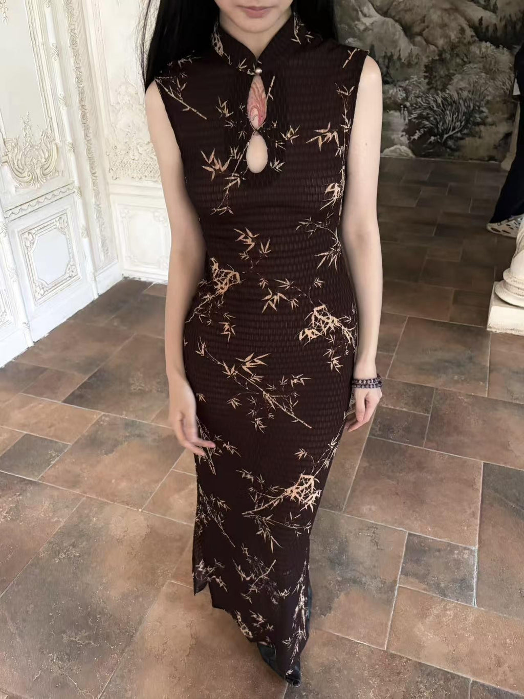 ANTIMOON Ink Bamboo Print Knit Breathable Sleeveless Mini Women's Cheongsam Dresses