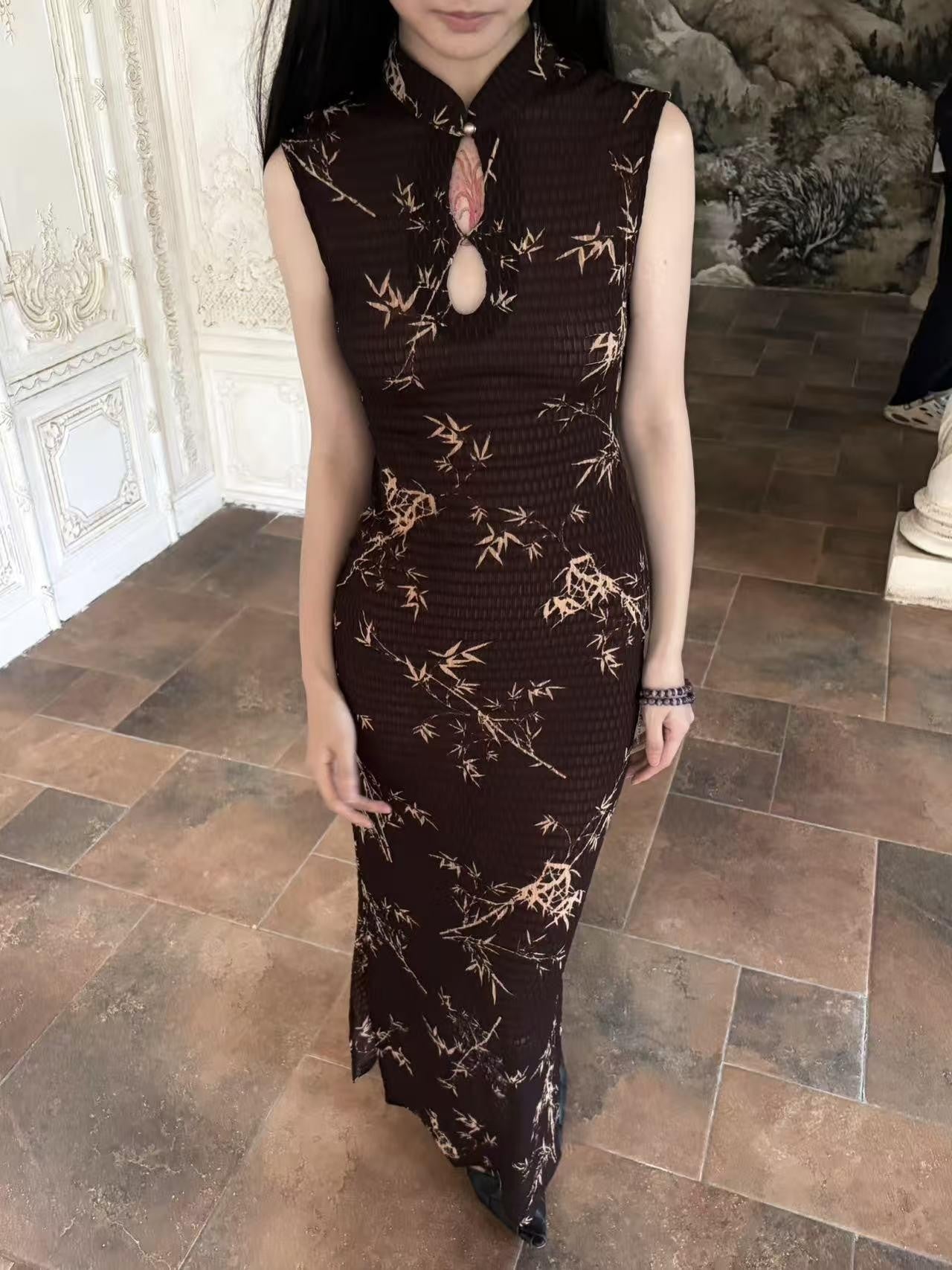 ANTIMOON Ink Bamboo Print Knit Breathable Sleeveless Mini Women's Cheongsam Dresses