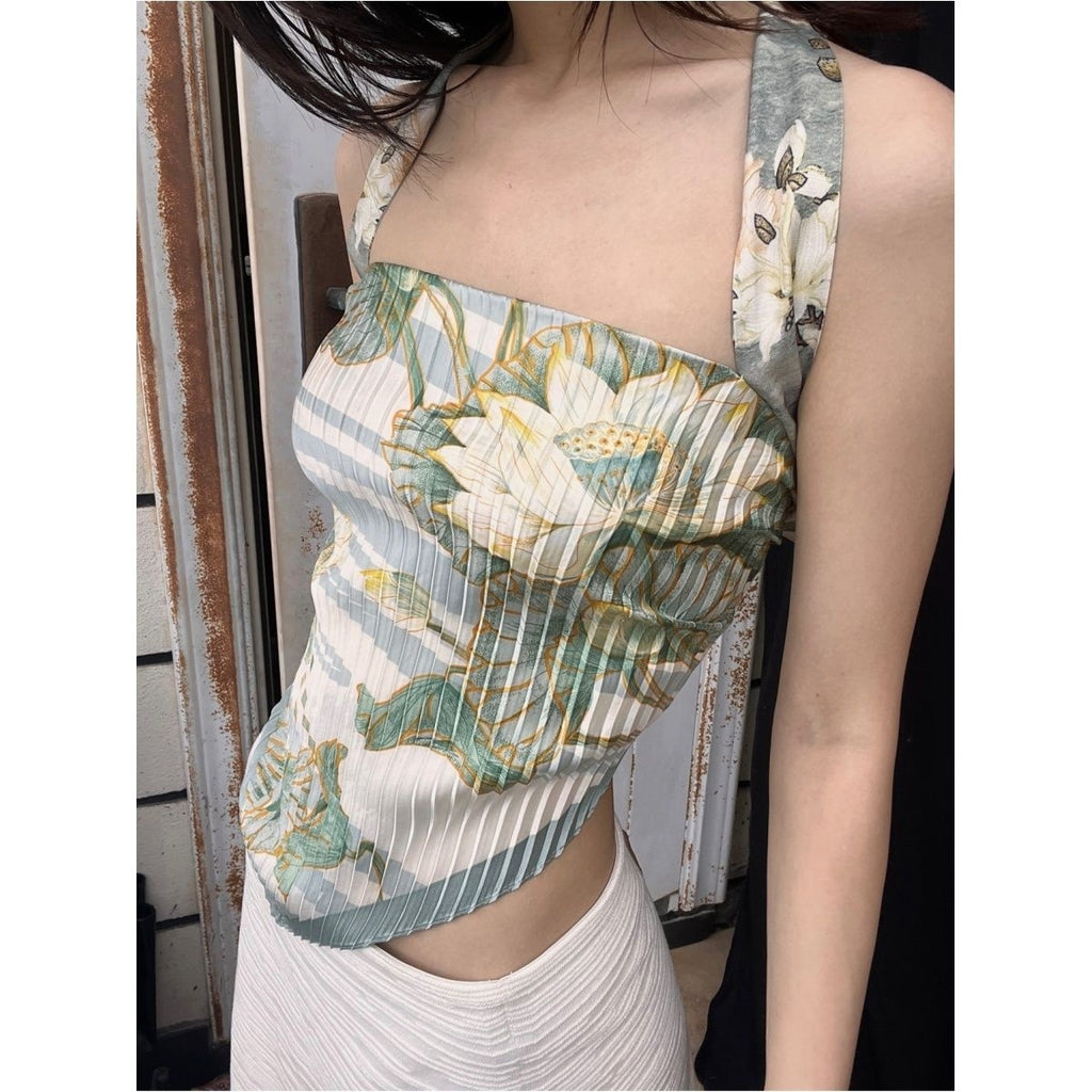 ANTIMOON_Ink_Lotus_Print_Pleated_Side_Coverage_Scarf_Women's_Polyester_Halter_Tops_811019348910_MISSTT