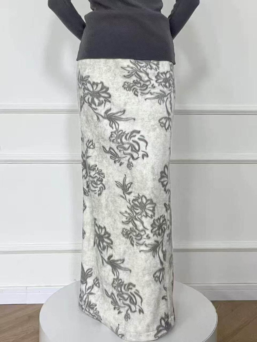 ANTIMOON Ink Wash Art Print Floral High Waist Straight Women's Polyester Midi Skirts