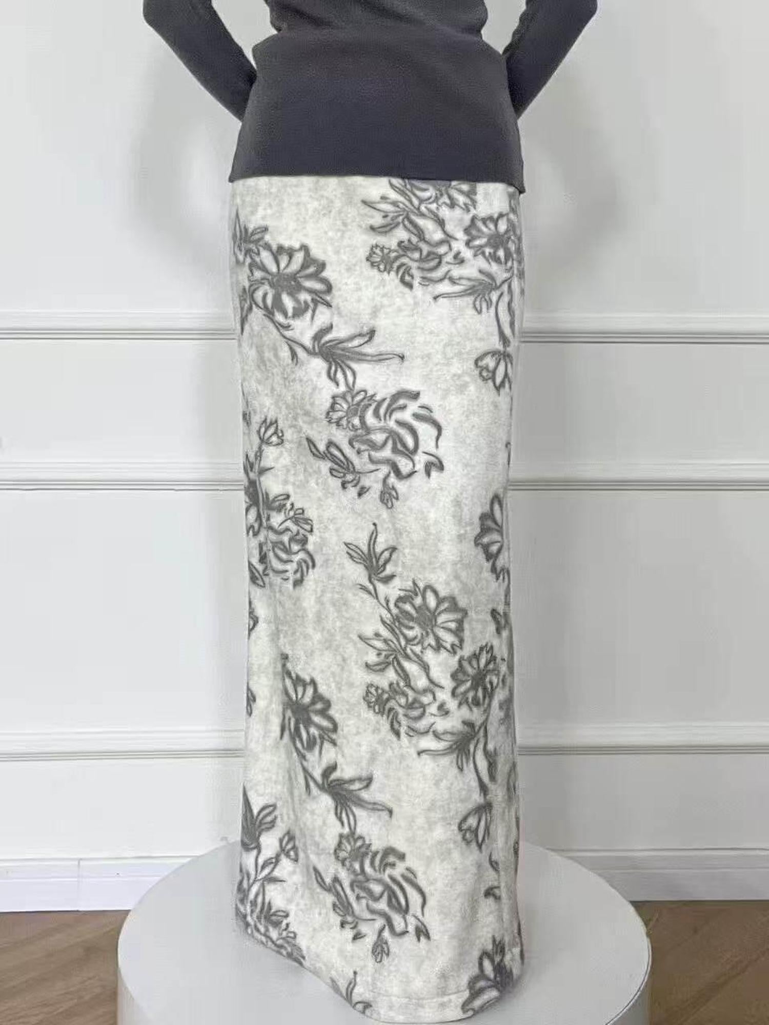 ANTIMOON Ink Wash Art Print Floral High Waist Straight Women's Polyester Midi Skirts