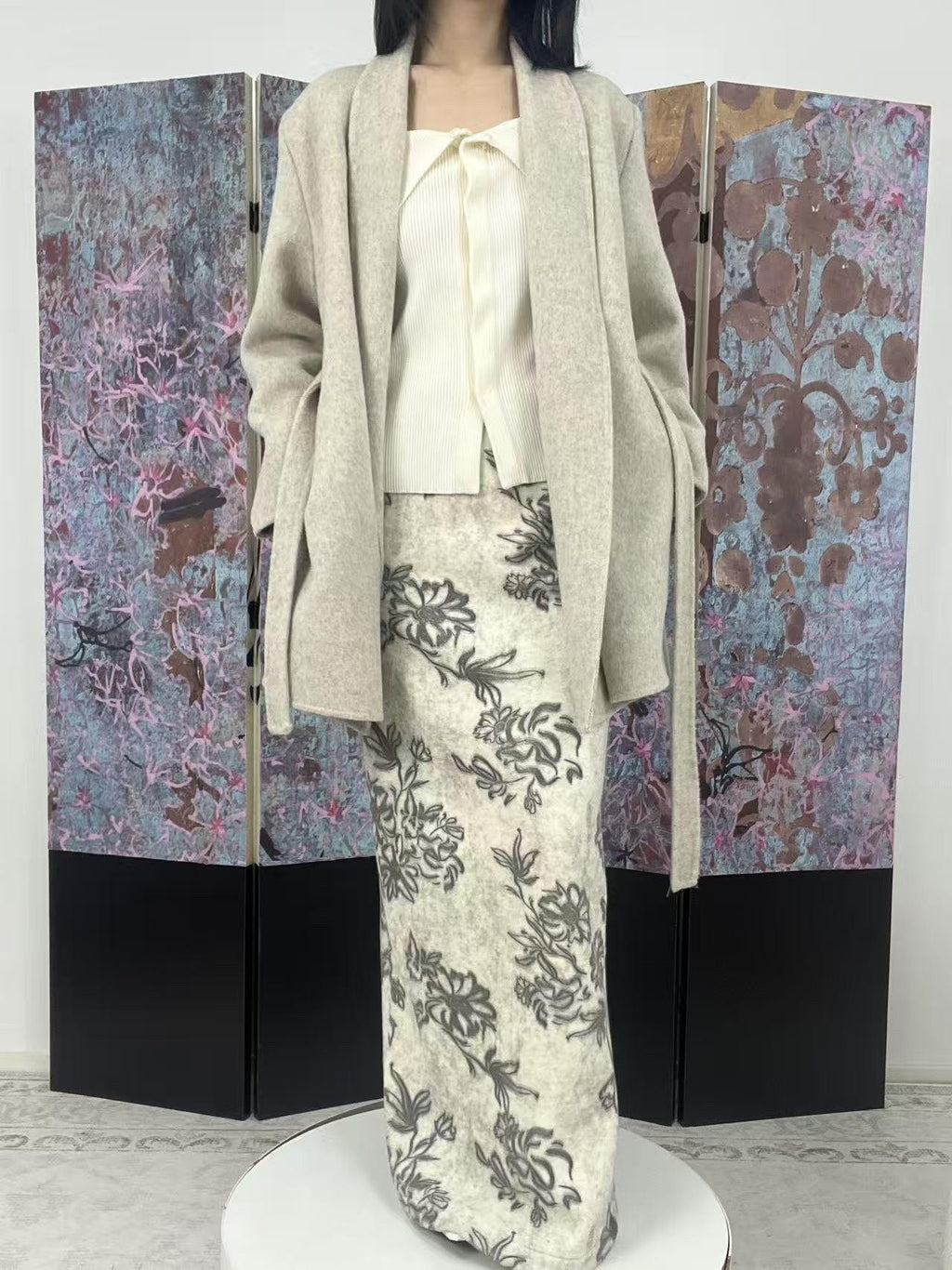ANTIMOON Ink Wash Art Print Floral High Waist Straight Women's Polyester Midi Skirts