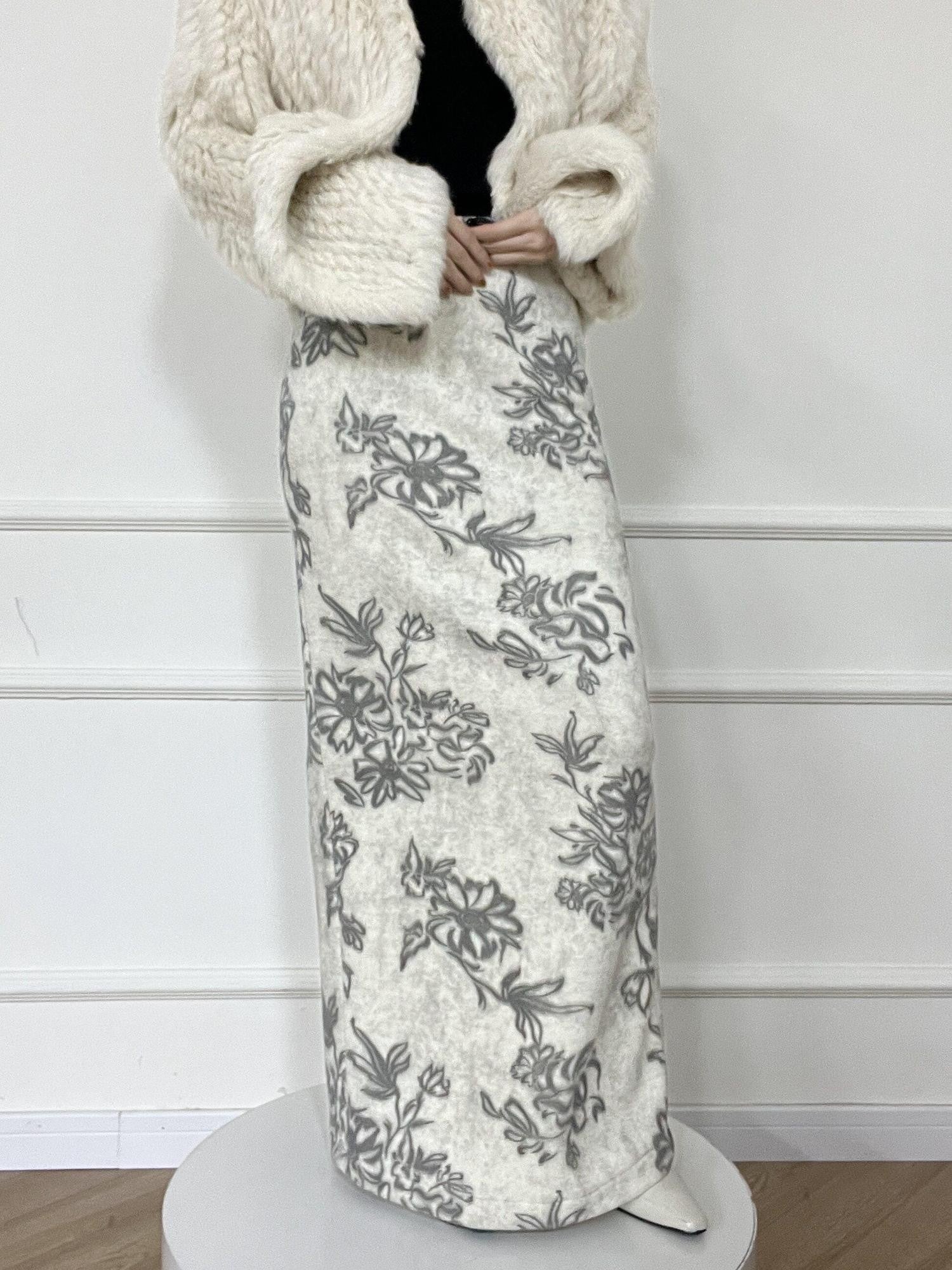 ANTIMOON Ink Wash Art Print Floral High Waist Straight Women's Polyester Midi Skirts
