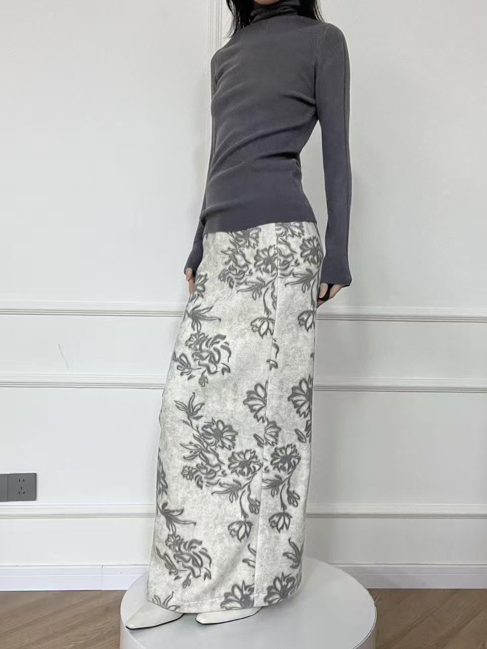 ANTIMOON Ink Wash Art Print Floral High Waist Straight Women's Polyester Midi Skirts