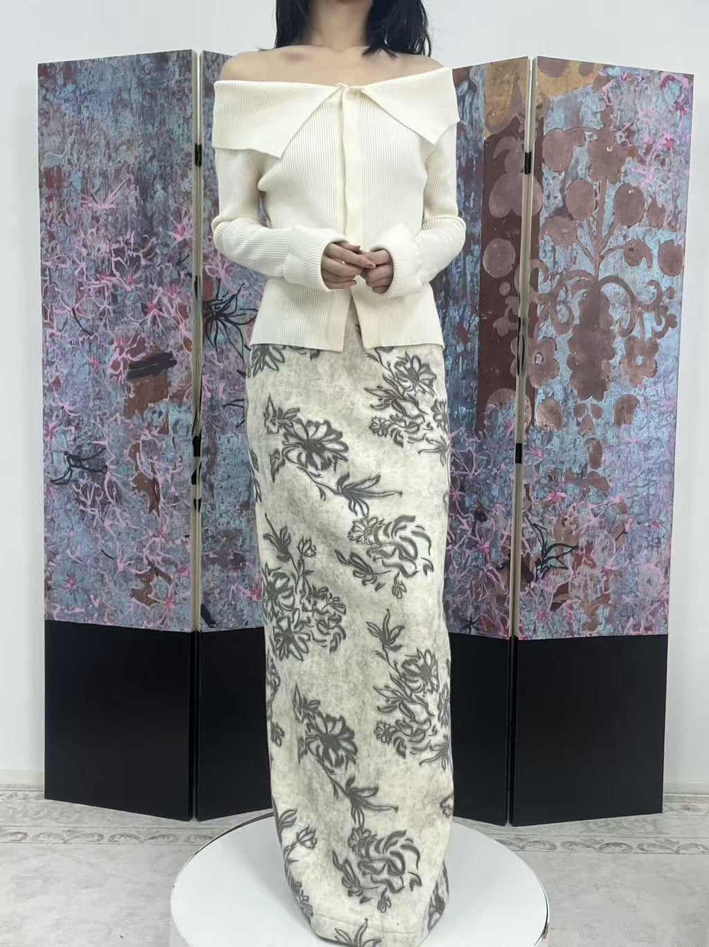 ANTIMOON Ink Wash Art Print Floral High Waist Straight Women's Polyester Midi Skirts