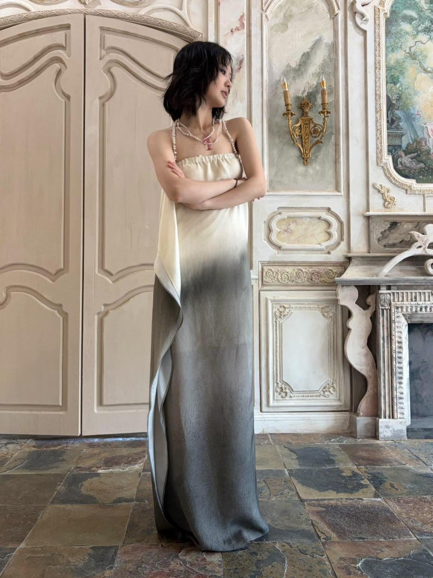 ANTIMOON Ink Wash Gradient Strapless Minimalist Women's Viscose Slip Maxi Dresses