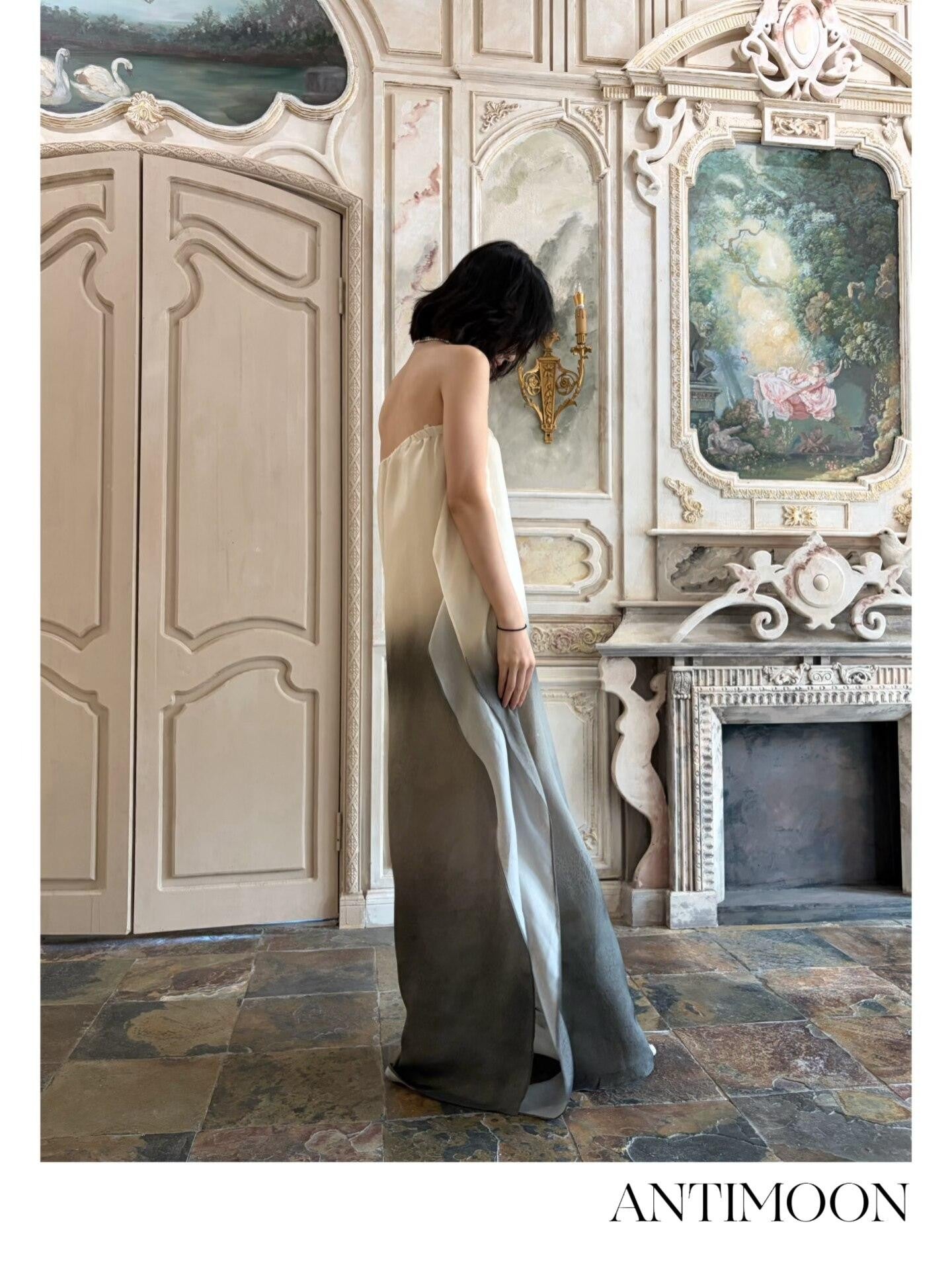 ANTIMOON Ink Wash Gradient Strapless Minimalist Women's Viscose Slip Maxi Dresses
