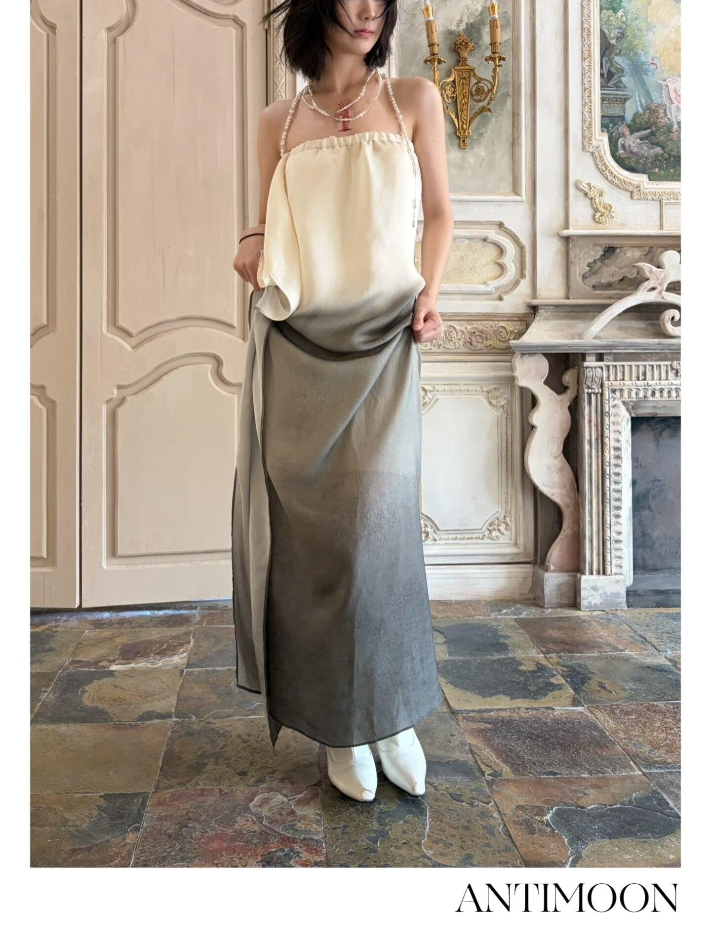 ANTIMOON Ink Wash Gradient Strapless Minimalist Women's Viscose Slip Maxi Dresses