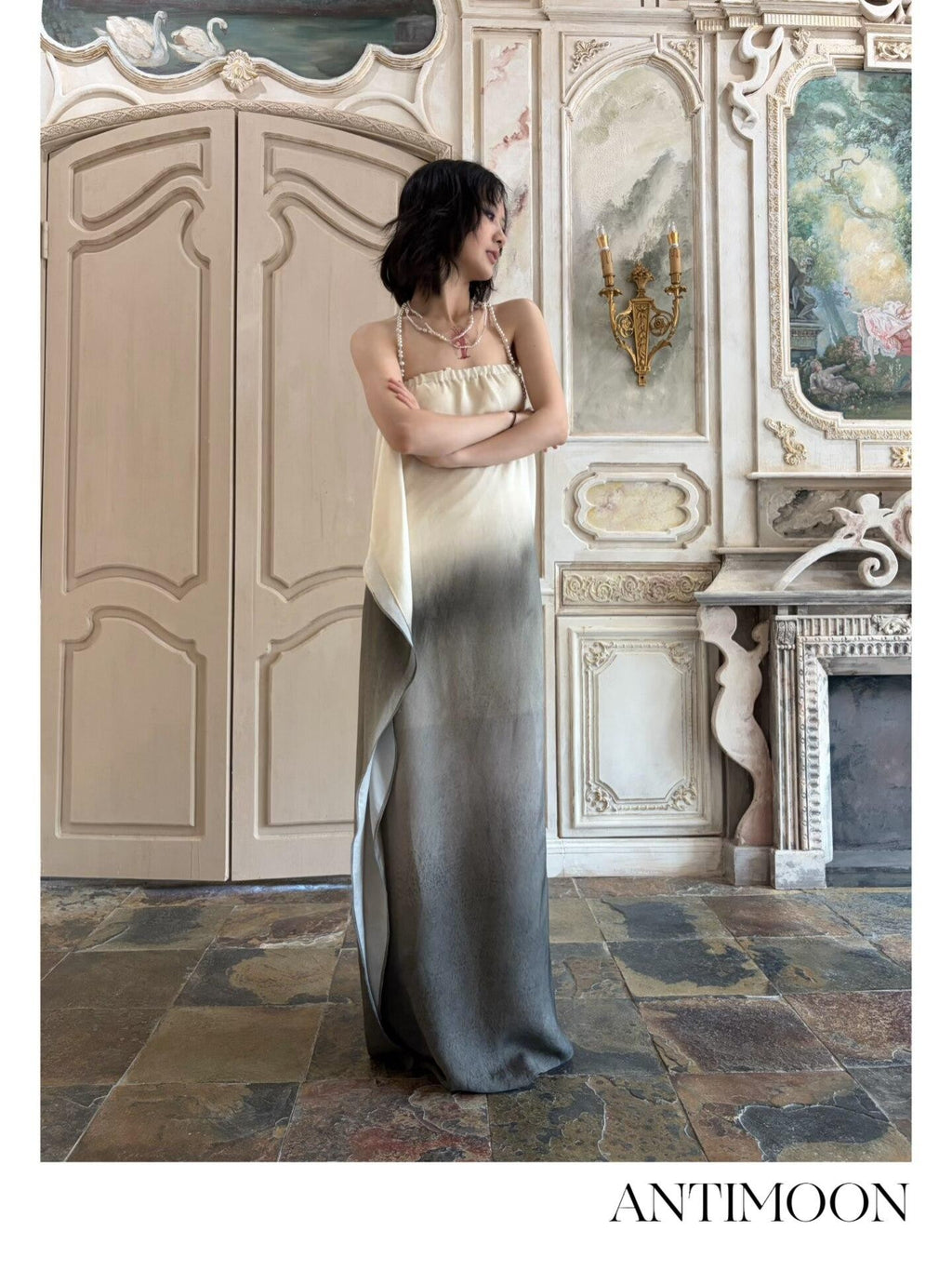 ANTIMOON Ink Wash Gradient Strapless Minimalist Women's Viscose Slip Maxi Dresses